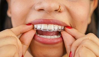 Close-up of woman’s mouth as she places Invisalign on her teeth