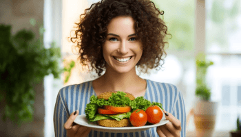 Smiling woman holding plate of food